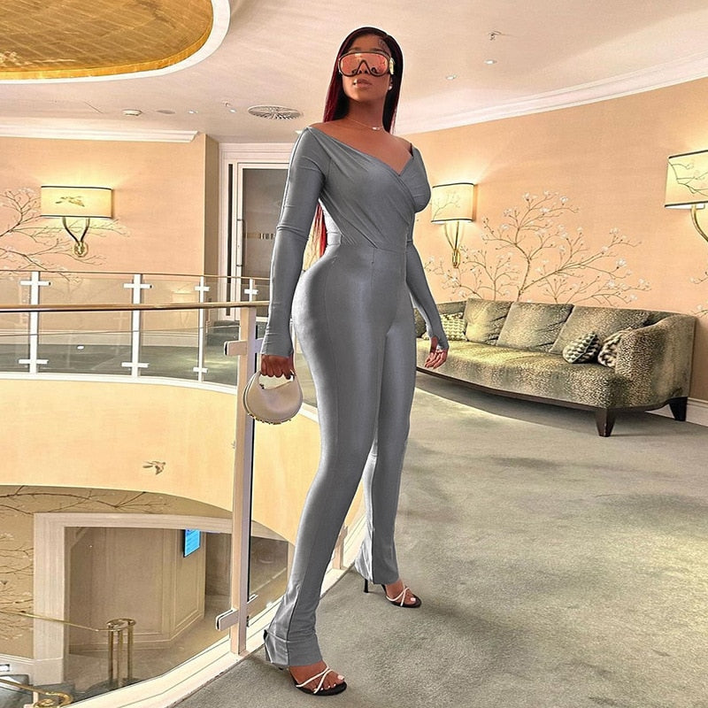 2 Piece Pant Sets Top Leggings Matching Sets Sexy Club Outfit Deep V Long Sleeve Jumpsuit Womens Fall Clothing