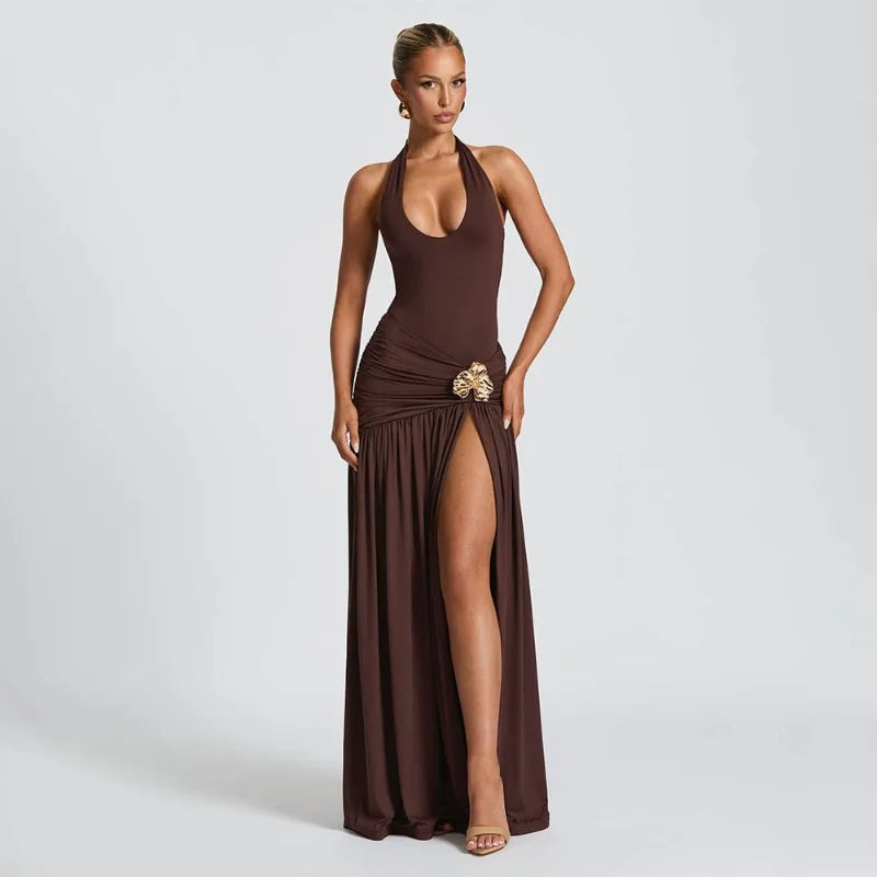 2 Piece Summer Sets Halter Backless Bodysuit Top and Split Long Skirts Elegant Sexy Woman Vacation Outfits