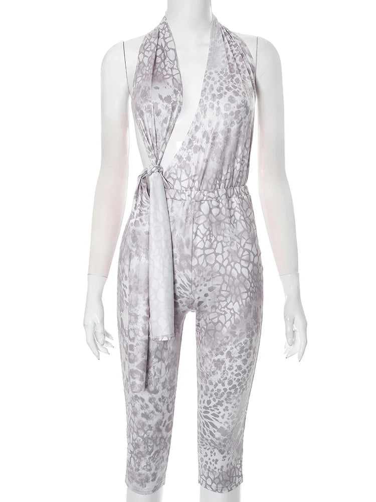 Serpentine Print Jumpsuits Women Irregular Hollow Halter Low-Neck Ruched Knot Backless Skinny Peach Buttocks Overalls