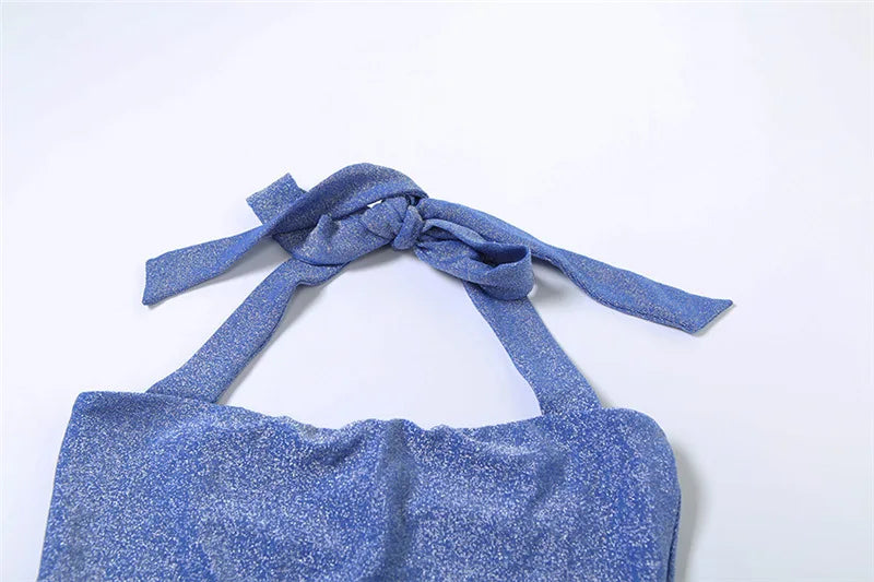 Halter Neck Backless Fishtail Maxi Dress Blue Glitter Elegant Sexy Party Dresses Woman 2025 Summer