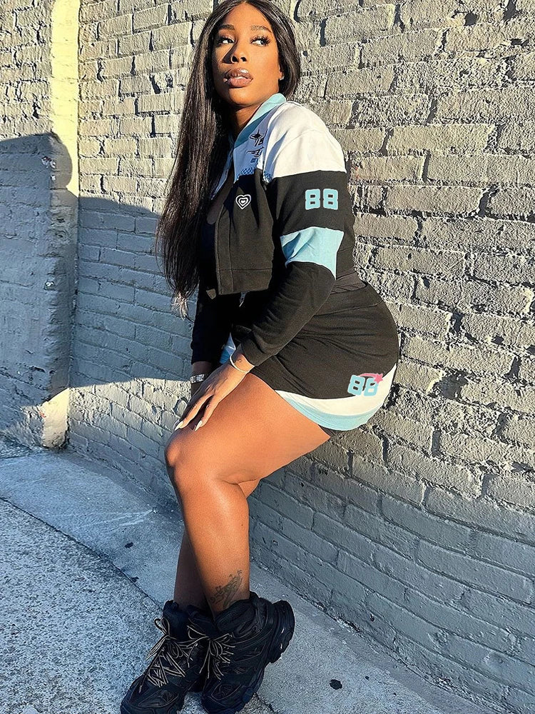 Letter Print 2 Piece Set Women Tracksuit Patchwork Button Crop Jacket+Skirts Matching Streetwear Sporty Casual Outfits