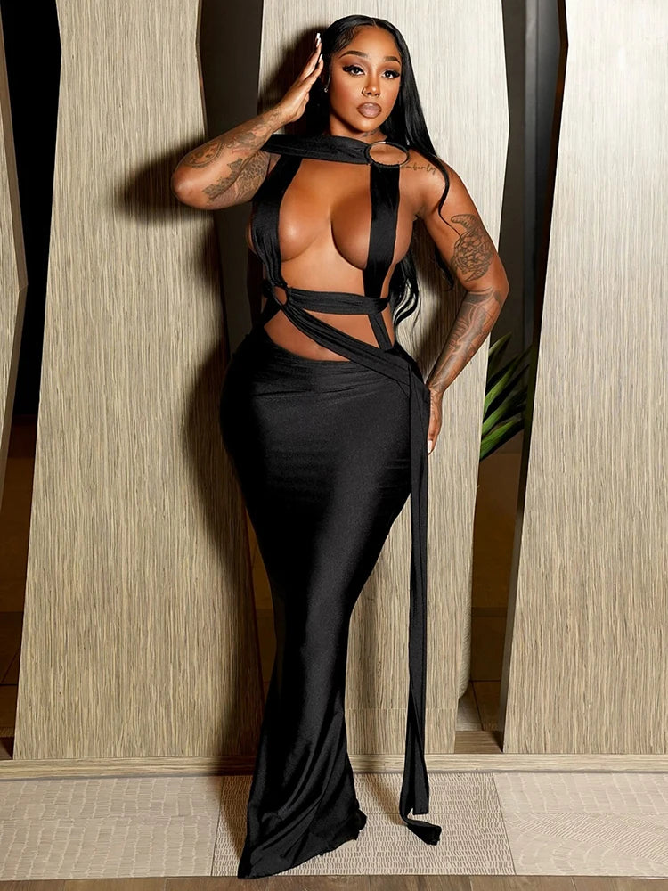 Hollow Cross Bandage Dress Women Irregular Metal Rings Patchwork Midnight Sexy Skinny Midnight Party Club Vestidos