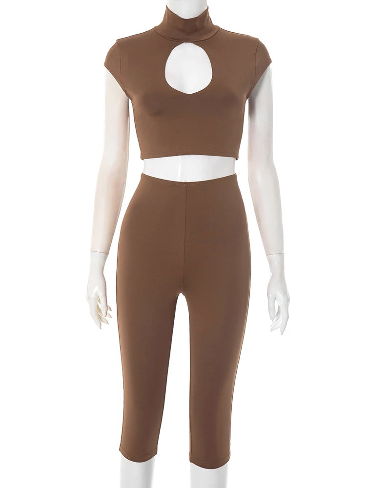 Hollow Sexy Women 2 Piece Set Tracksuit Skinny Stretch Tank Tops+Bike Shorts Matching Tight Stretch Streetwear Suit