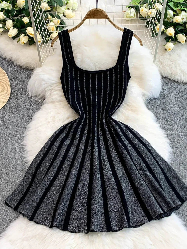 Stripe Patchwork Crochet Mini Dress Women Summer Trend Square Collar Backless Sleeveless Prom Party Elegant Outfits