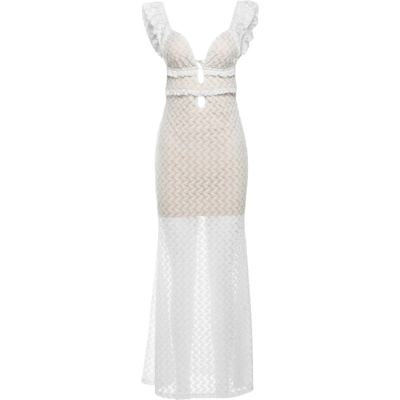 Hollow Ruffles Dress Woman Summer Sleeveless Backless Straps Solid Lace Tierred Chic Elegant Party Skinny Vestidos