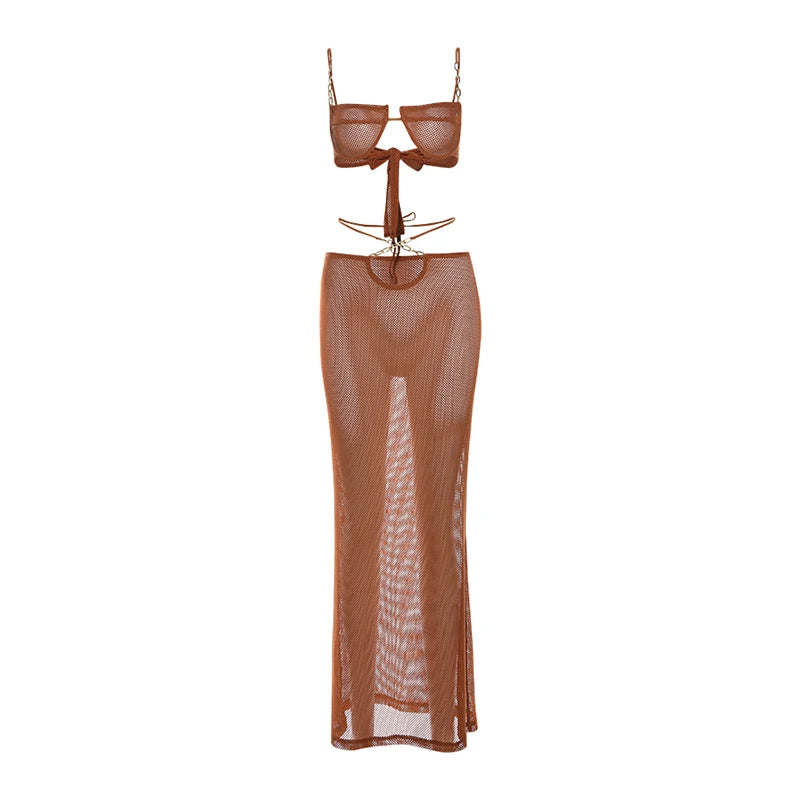 Knit Sexy Women 2 Piece Set Summer Trend Metal Chain Camisole+Bandage Long Skirts Vacation Matching Midnight Clubwear