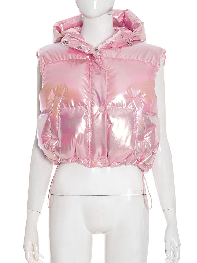 Casual Hooded Zip Crop Tank Tops Women Warm Shirring Hem Metal Buckle Basic Street Quilted Warm Stree Vest Jacket