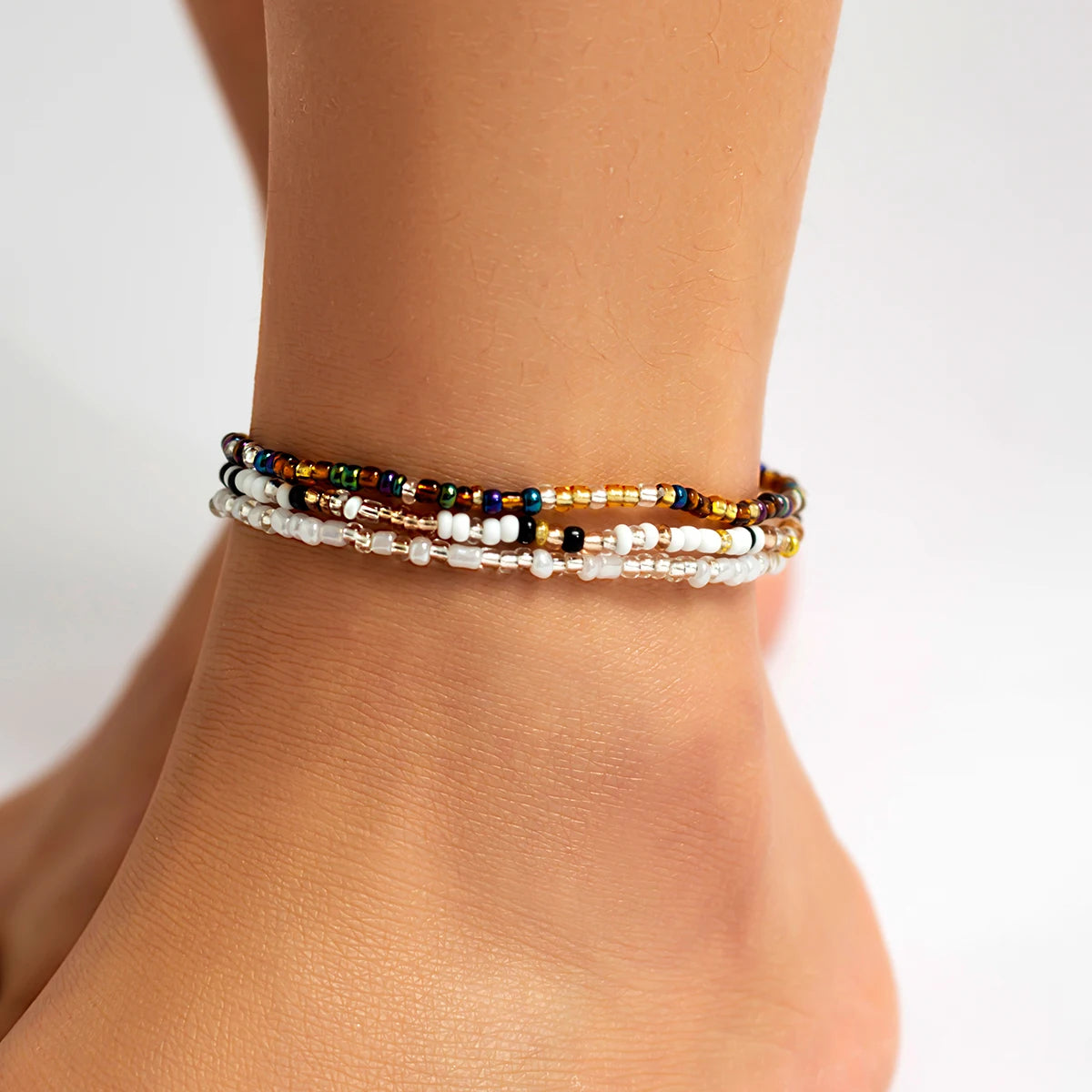 3Pcs/Set Boho Colorful Rice Bead Anklets for Women Personalized Geometry Round Feet Chain Suit Summer Beach Jewelry Accessories
