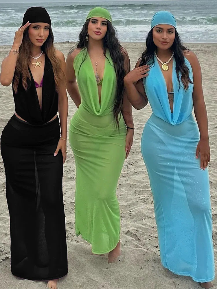 Coquette 3 Piece Set Women Sexy Headscarf+Swing Collar Tank Tops+Maxi Skirts Matching Clubwear Midnight Vacation Suit