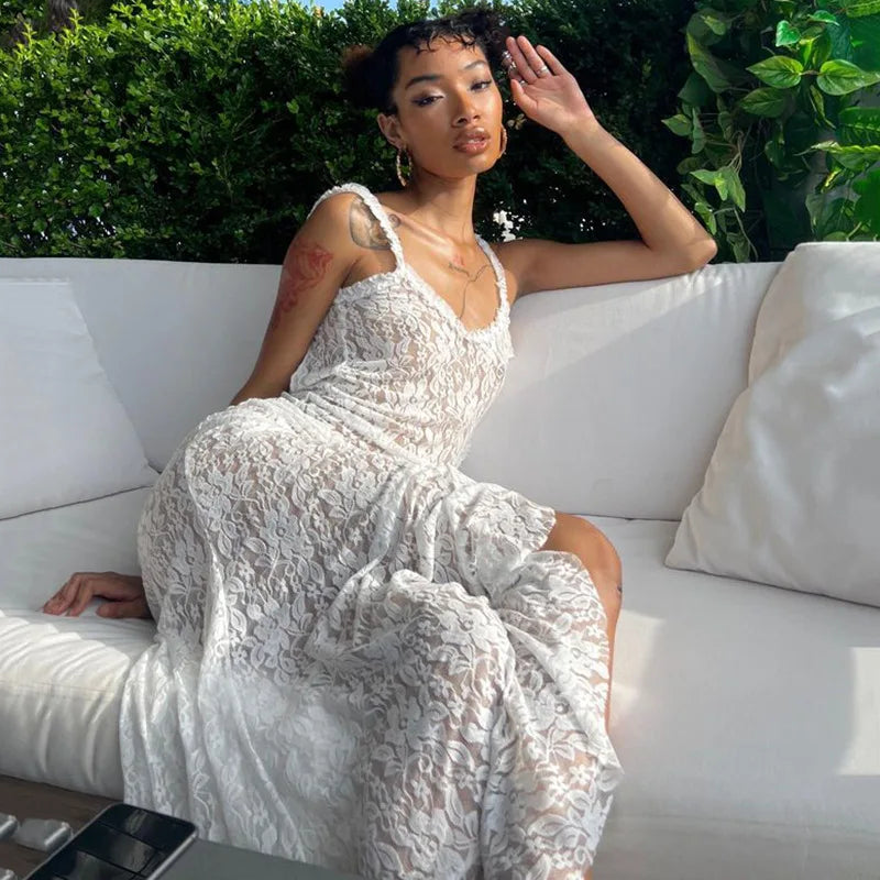 Sexy See Through Lace White Dress Party Night Elegant Ruffle High Split Maxi Long Dresses Summer Y2k Fairycore