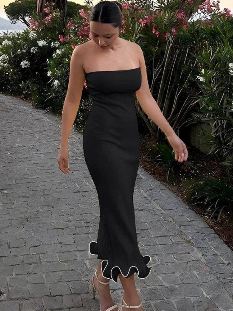 Ruffle Hem Strapless Backless Long Dresses 2024 Fashion Elegant Yellow White Black Dress Party Outfit Woman