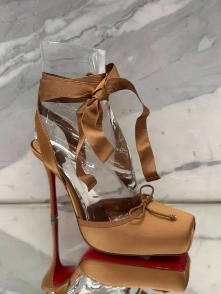 2026 Women's New Summer Square Satin High Heel Sandals with Ankle Strap, Fashionable Party and Banquet Ballet High Heels