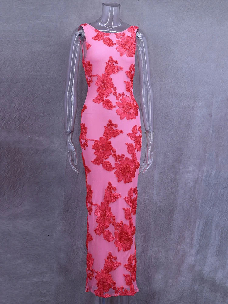 Elegant Floral Print Sexy Maxi Dress For Women Embroidered Applique Tank Dress Femme Bodycon Club Party Long Dress
