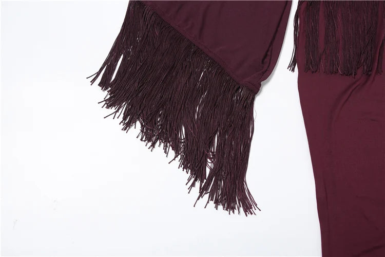 Autumn New Style Long Dress Woman Tassel Decoration Low-Neck Full Sleeve Midnight Prom Party Elegant High Waist Vestidos