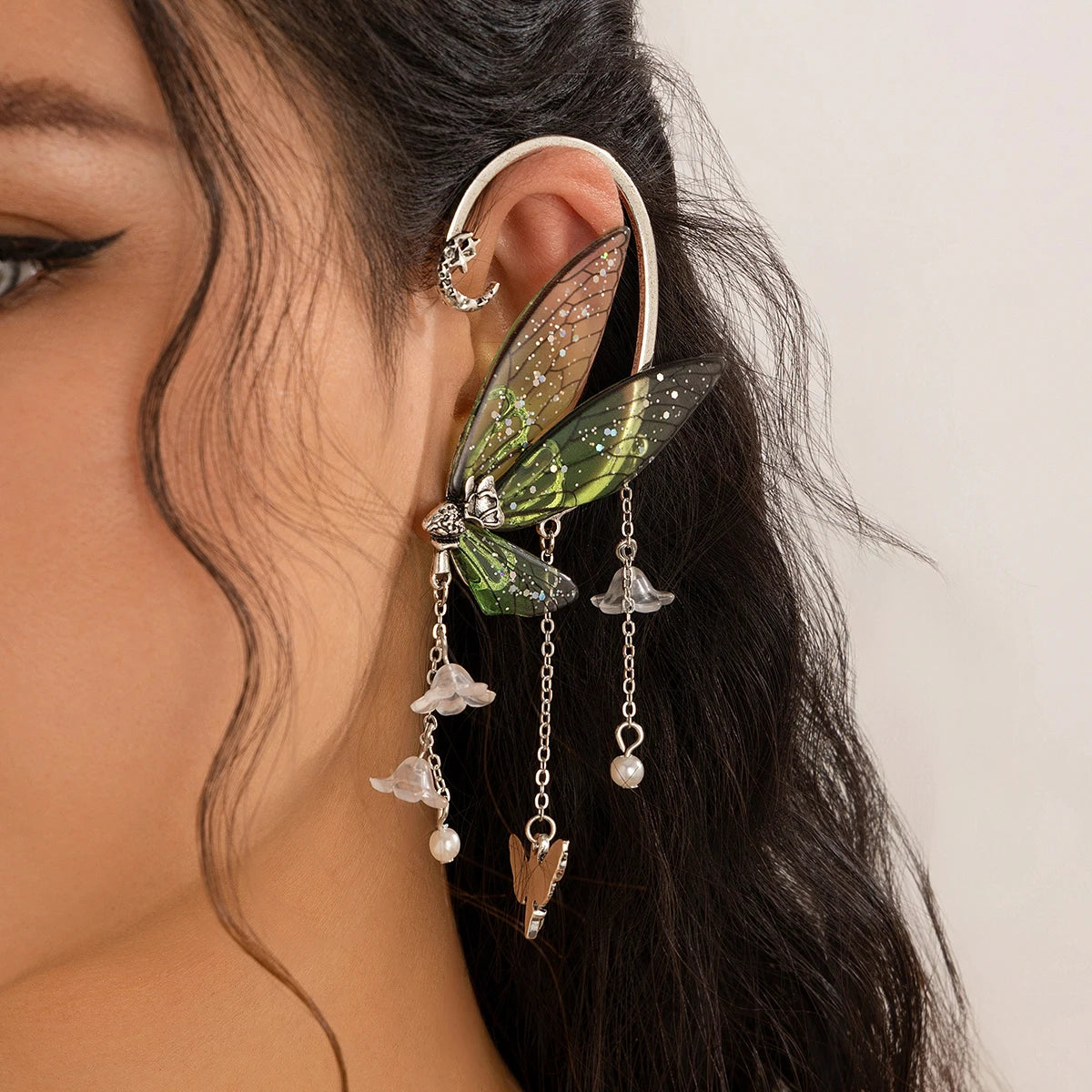 1PC Kpop Sweet Colorful Butterfly Tassel Clip Earrings Women Wed Bridal Elegant Elf Fairy Ear Cuff No Piercing Jewelry