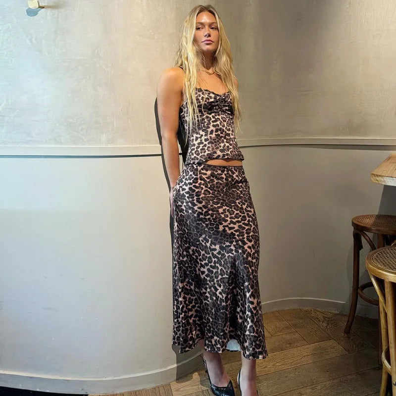 Leopard Print Lace Trim Cami Top and Long Skirt Set Summer Sexy Outfit Two Piece Sets Trendy Clothes
