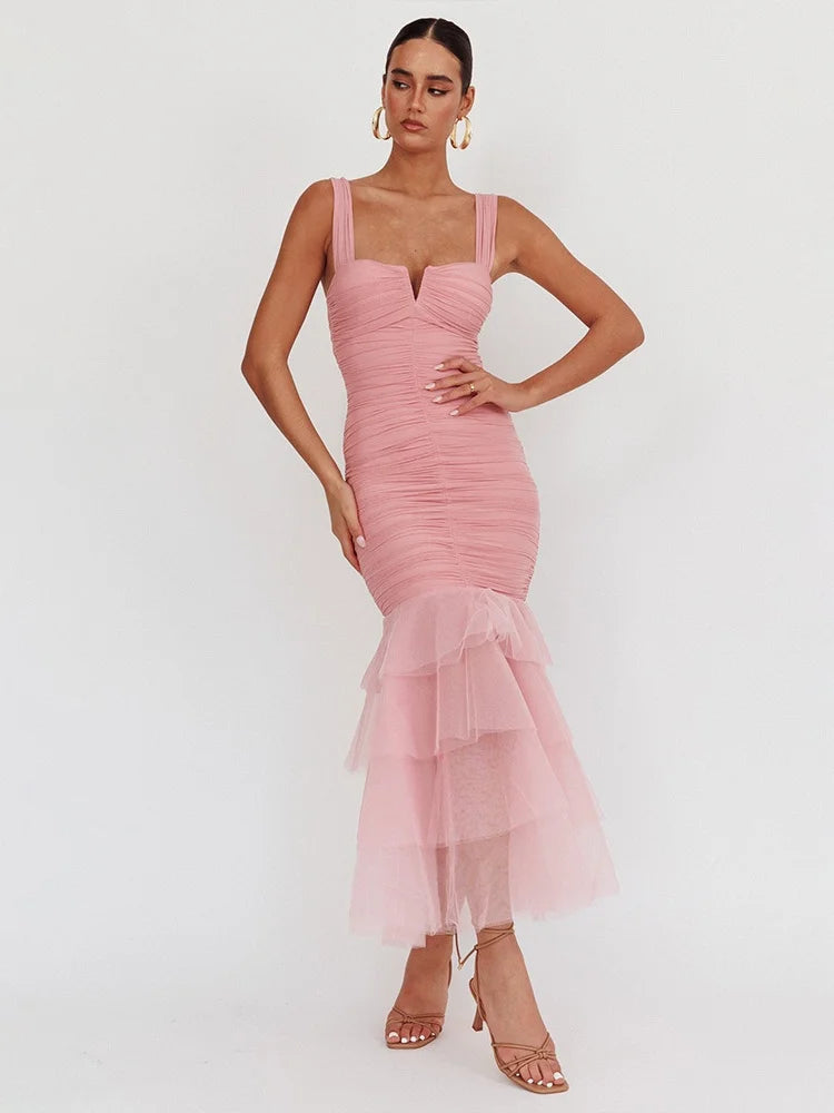 Woman Sleeveless Backless Tiered Long Dresses Summer Elegance Sexy Solid Evening Party Dresses Luxury 2025