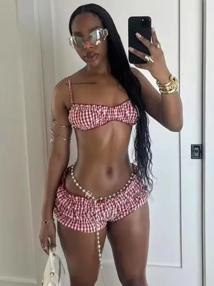 Stripe Women 2 Piece Set Beach Vacation Elastic Camisole+Ruched Shorts Matching Clubwear Midnight Summer Swimsuit