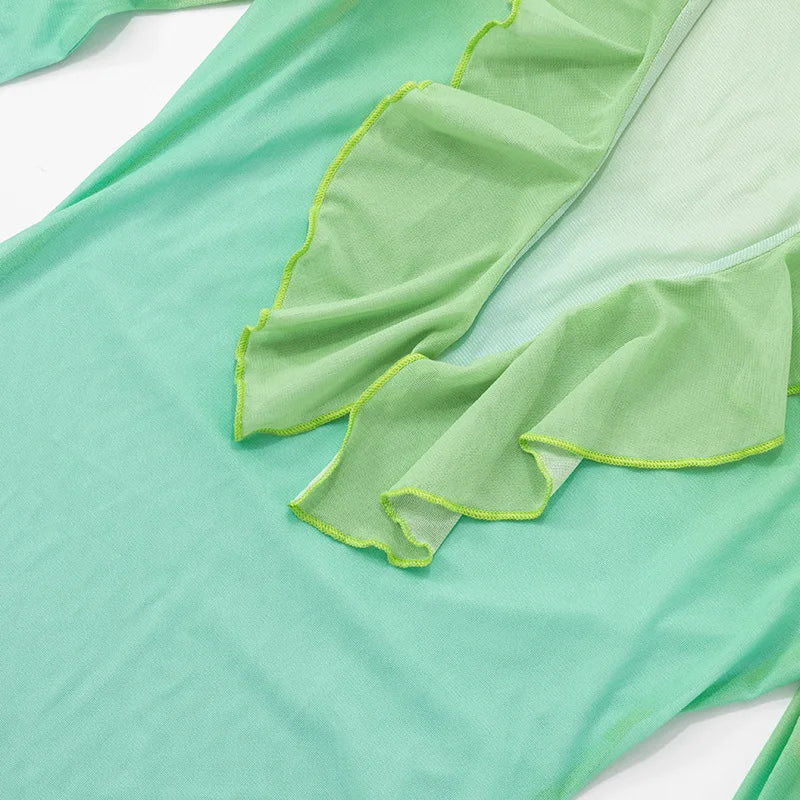 See Through Floral Gradient Mesh Dress Sexy Beach Vacation Outfits Ruffled Flare Sleeve Long Flowy Dresses