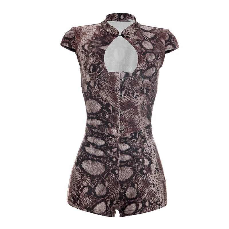 Sexy Snake Print Romper Women Hottie Wild Single Breasted Hollow Short Sleeve Fashion Midnight Street Club Playsuits