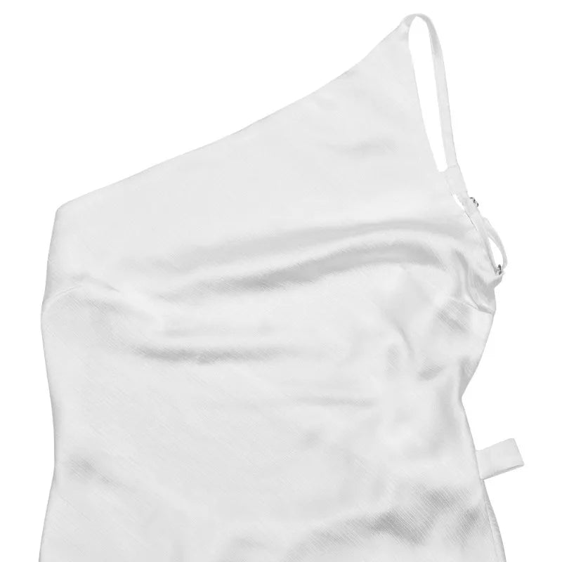 One Shoulder Backless Fishtail Maxi Dress Transparent Mesh Satin Patchwork Elegant Party Dresses for Woman