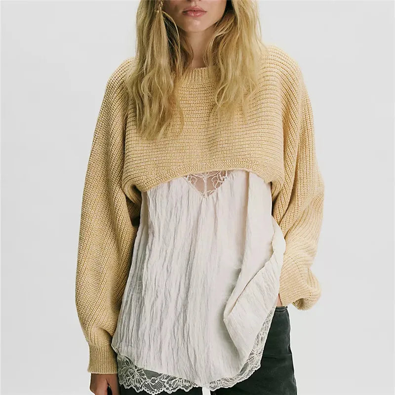 Women's Cropped Knit Shrug Sweater Open Back Round Neck Long Lantern Sleeve Loose Short Knit Top Streetwear Pullover