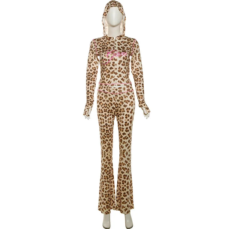 Women Clothing Two Piece Set Casual Y2k Cheetah Printed Hooded Cardigan Top and Flare Pants Matching Outfits