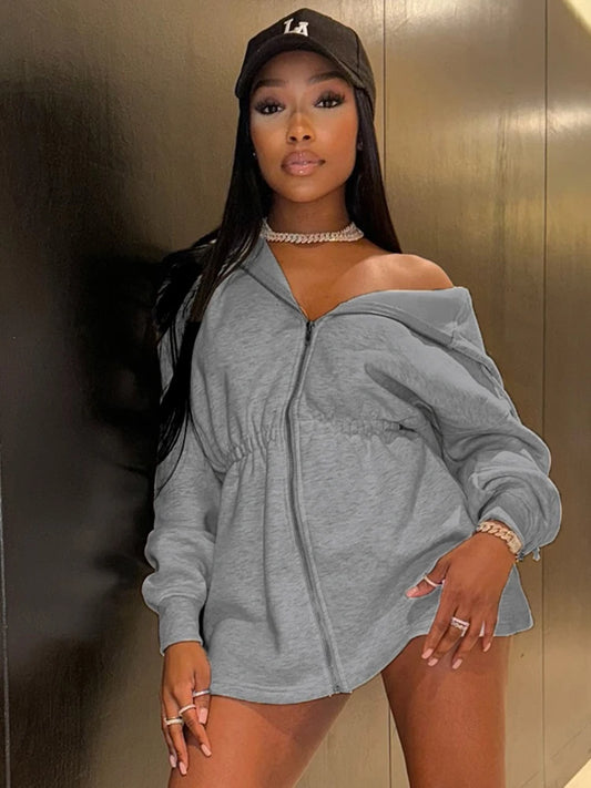 Casual Women Mini Dress Sporty Zip Shirring Hooded Full Sleeve Autumn Fashion Waist-Reducing Classic Solid Bodycon