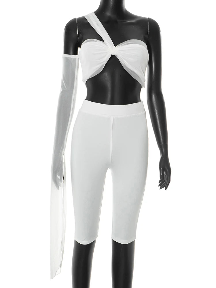 Sexy Fashion 2 Piece Set Women Mesh Patchwork Single Sleeve Strapless Top+Skinny Shorts Hottie Street Hipster Outfits