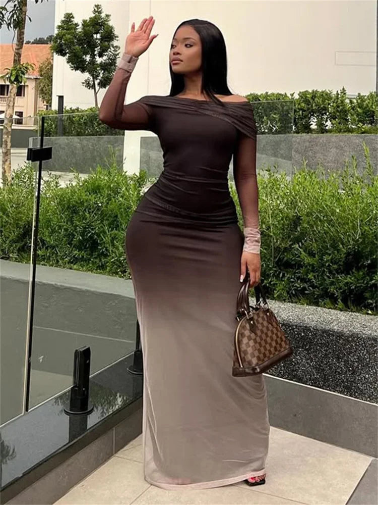 Mesh Gradient Maxi Dress Women Ruched Slash Neck Backless Full Sleeve Vacation Street Fashion Elegant Skinny Vestidos