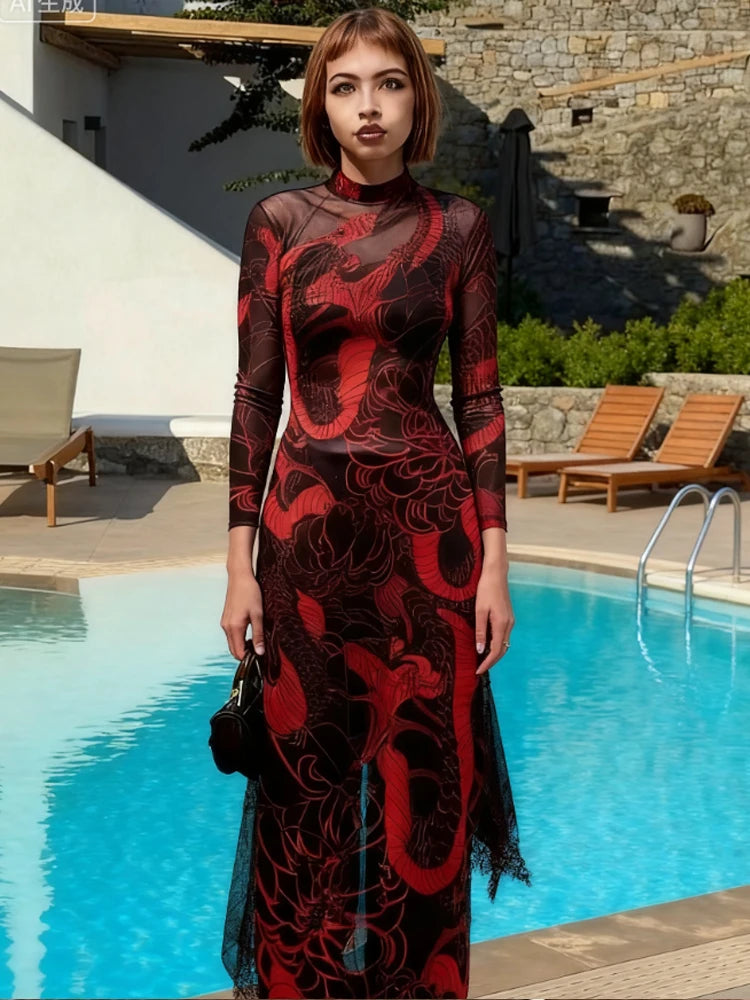 See Through Maxi T-Shirts Women Snake Print Turtleneck Full Sleeve High Split Elastic Sexy Coquette Skinny Clubwear