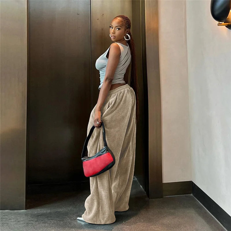 Corduroy Street Wear Pants Elastic High Waisted Wide Leg Trousers Womens Clothing Baggy Winter Sweatpants