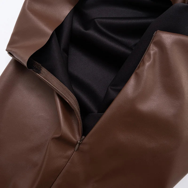 Brown Asymmetrical 2 Piece Pu Leather Skirt Set Woman Fashion Sexy Club Outfits Matching Sets