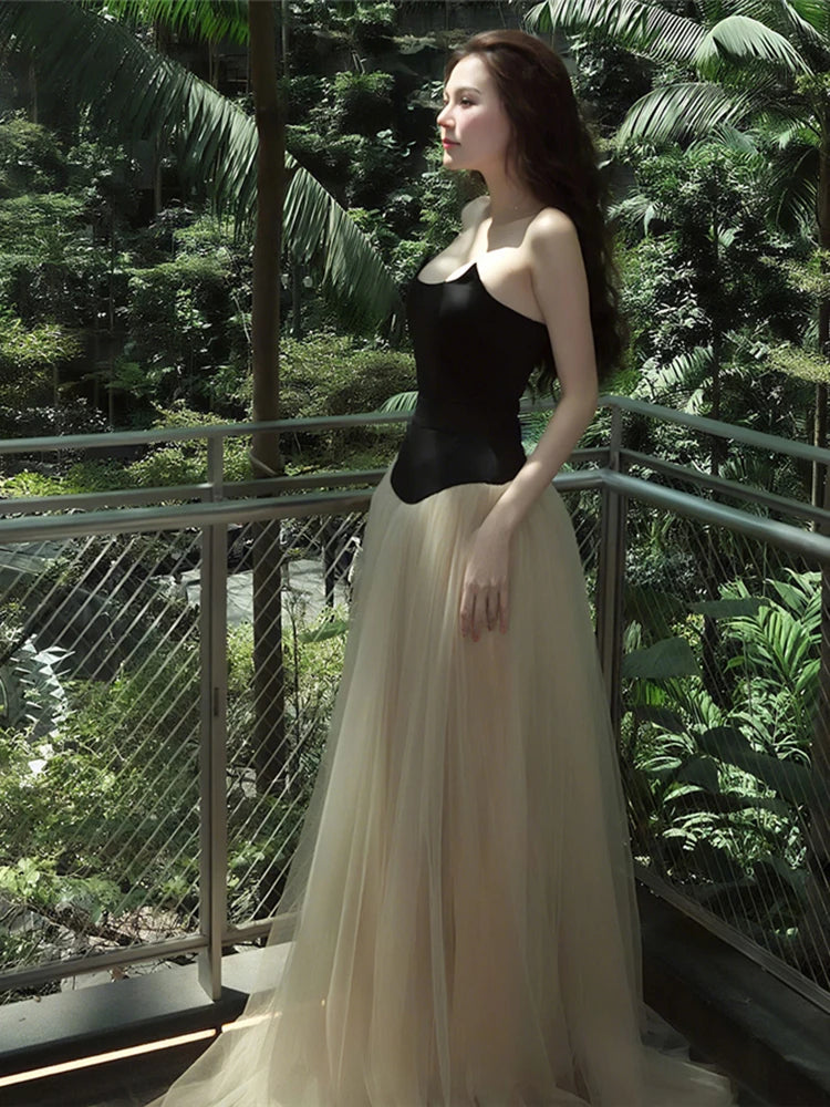 Patchwork Tierred Dress Women Sexy Strapless Mesh Elegant Princess Evening Birthday Party Simple Skinny Maxi Bodycon