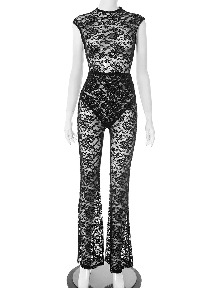 Sexy Mesh See Through 2 Piece Set Women Skinny Sleeveless Bodysuits+Flared Pants Midnight Club Party Coquett Outfits