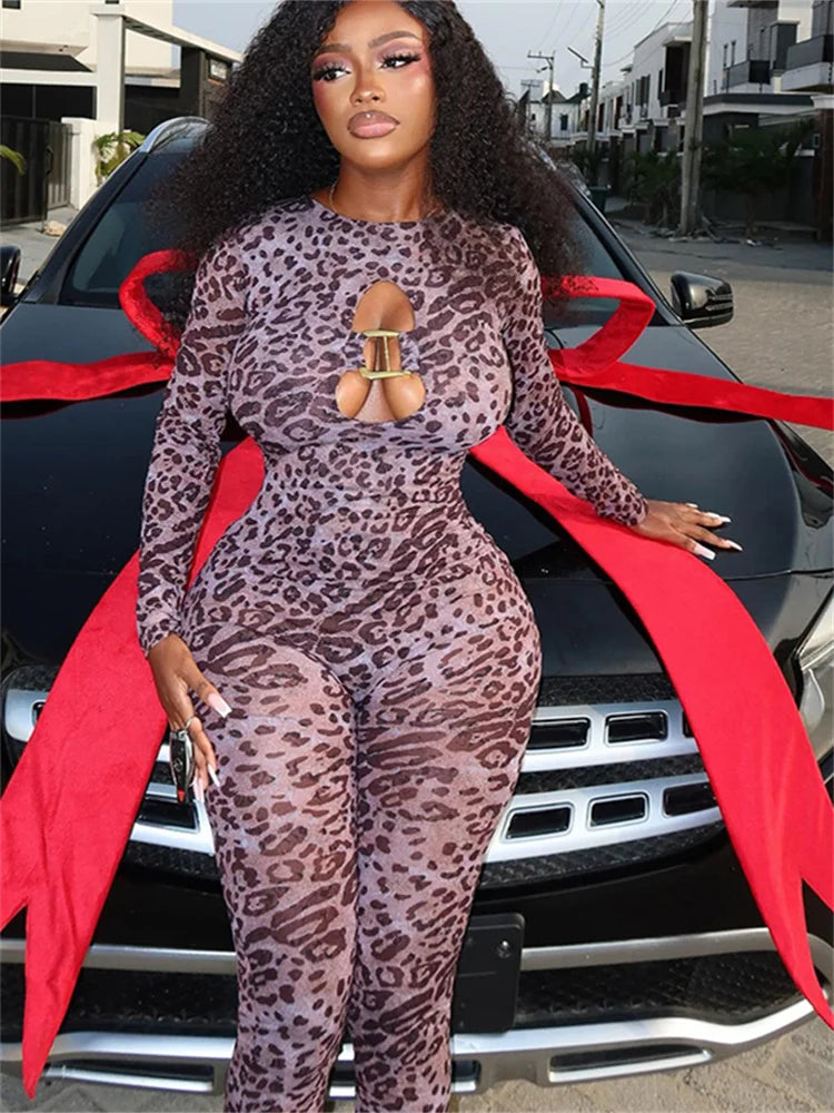 Sexy Hollow Jumpsuit Women Wild Leopard Print Bandage Backless Skinny Peach Hip Midnight Trend Club Party Overalls