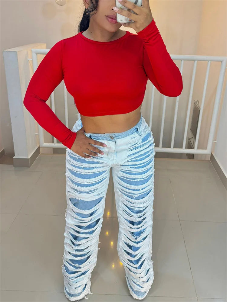 Patchwork Hollow Jeans Women Y2K Hipster Zip Button Hottie Streetwear Hip-Hop Wild Patchwork Straight Denim Trousers