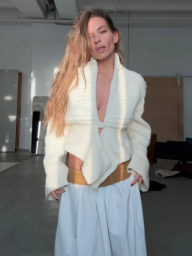 Single Button Cardigan Sweater Woman Elegant Deep V-Neck Full Sleeve Irregular Office Simple Streetwear Jackets Coat