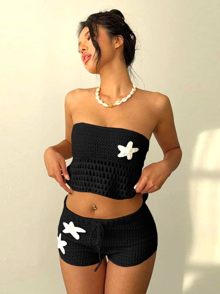 Crochet Women 2 Piece Set Sexy Applique Hollow Beach Back Bandage Strapless Tops+Shorts Midnight Vacation Clubwear