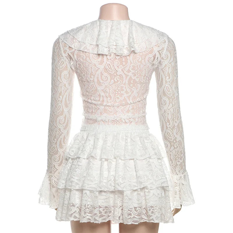 Ruched Elegant 2 Piece Set Women Jacquard V-Neck Ruffles Ribbon Flared Sleeve Tops+Tierred Skirts Y2K Style Outfits