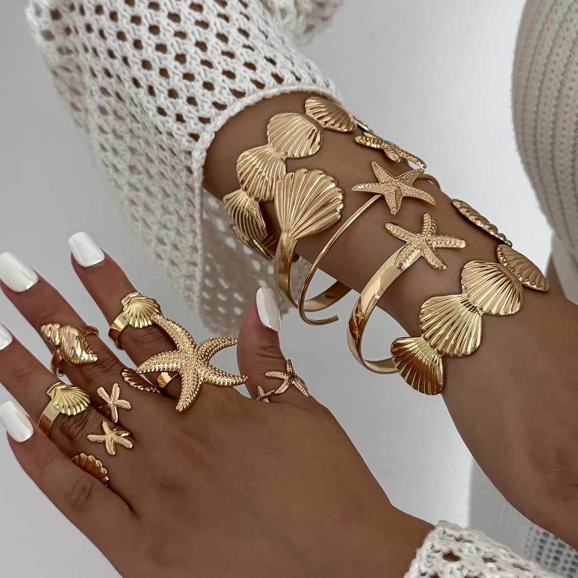 12Pcs/Set Punk Starfish Scallop Open Cuff Bangles Adjustable Rings for Women Boho Armband Bracelets Summer Jewelry Set