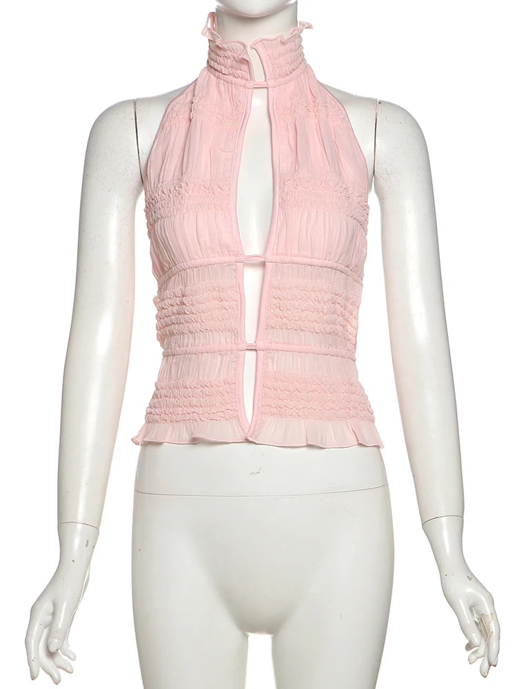 Sweet 2-Piece Set Women Backless Edible Tree Fungus Lace-Up Ruched Hollow Thin Tank Top+Furry Sequins Shorts Clubwear