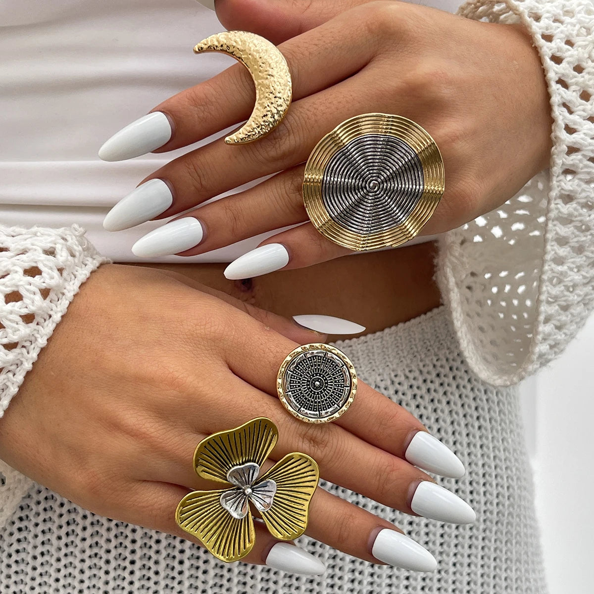 18 Styles Vintage Punk Petal Flowers Rings for Women 2025 Trend Goth Geometric Adjustable Rings New Year Party Jewelry