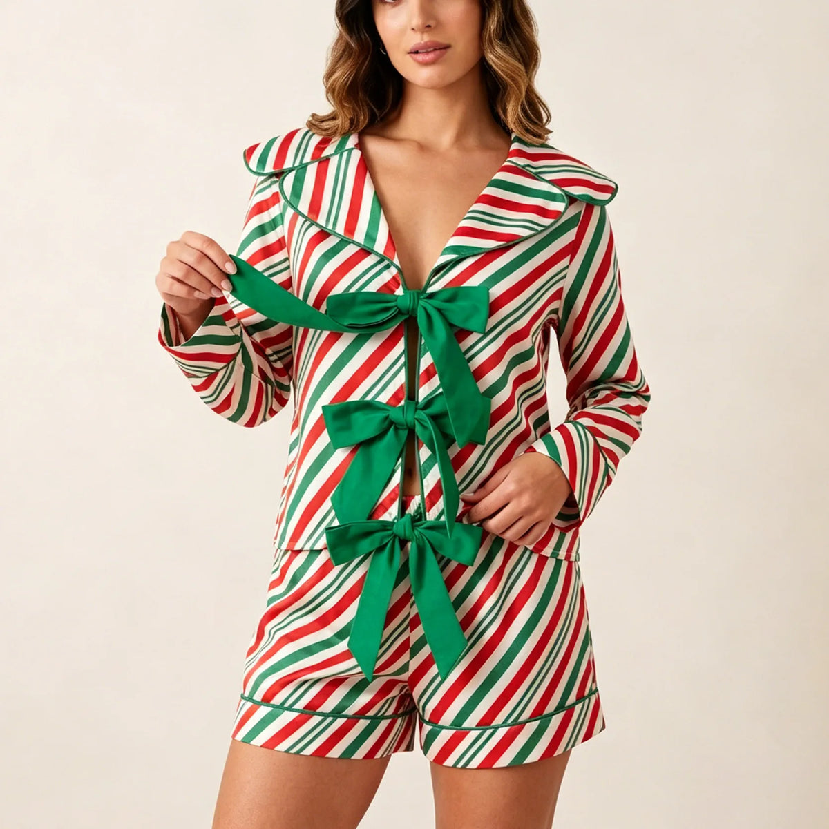Women Christmas Candy Cane Striped 2 Piece Pajama Set Lapel Collar Front Bow Long Sleeve Top Shorts Loungewear Sleepwear