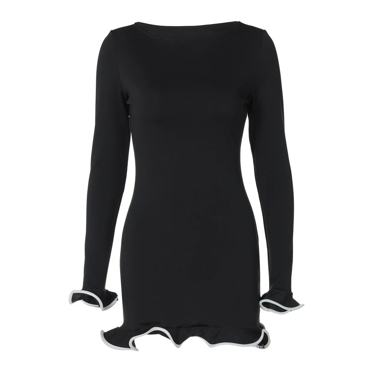 Ruffle Hem Long Sleeve Mini Dress Elegant Women Clothing Autumn 2024 Fashion Black Bodycon Dresses