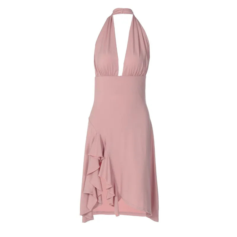 Sexy Deep V Neck Backless Midi Dress Flowy Elegant Pink Dresses 2025 Woman Clothes