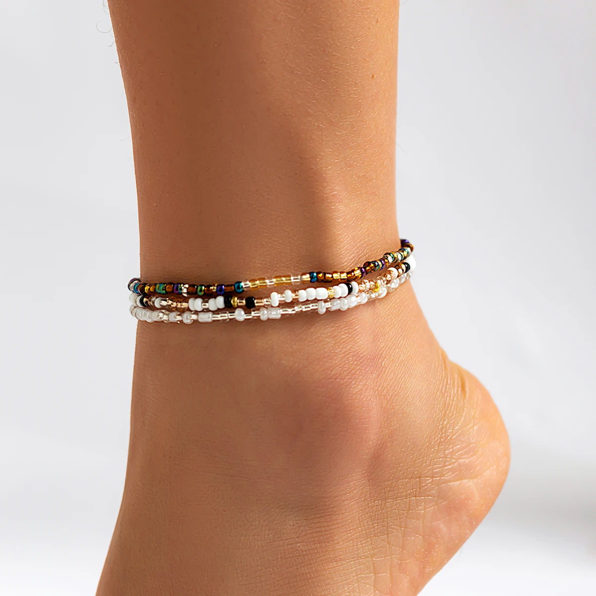 3Pcs/Set Boho Colorful Rice Bead Anklets for Women Personalized Geometry Round Feet Chain Suit Summer Beach Jewelry Accessories