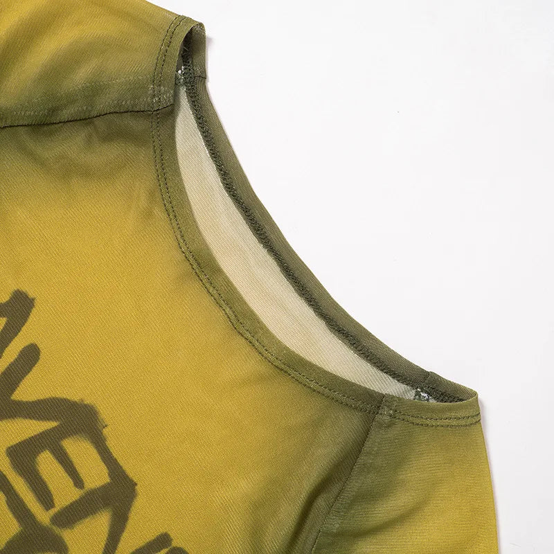 Y2k Fashion Tops Letter Print Mesh Transparent Graphic Tees Short Sleeve Unique Shirts for Women Streetwear