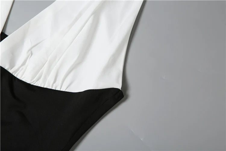 Contrast Patchwork Dress Women Halter Low-Neck Backless Ruched Ruffles Hem Vacation Beach Party Elegant Long Bodycon