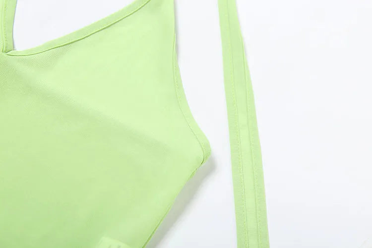 Sexy Fashion 2 Piece Set Women Halter Low-Neck Backless Tank Tops+Ruffles Tassel Splits Hem Skirts Wild Style Outfits